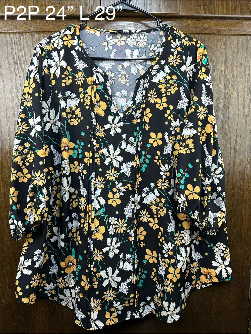 BloomChic Black Floral V-Neck Blouse with Yellow & White Flowers
